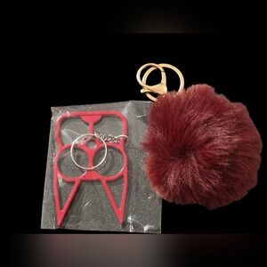 Burgundy Pom Pom Cat Ear Self Defense Keychain Accessory